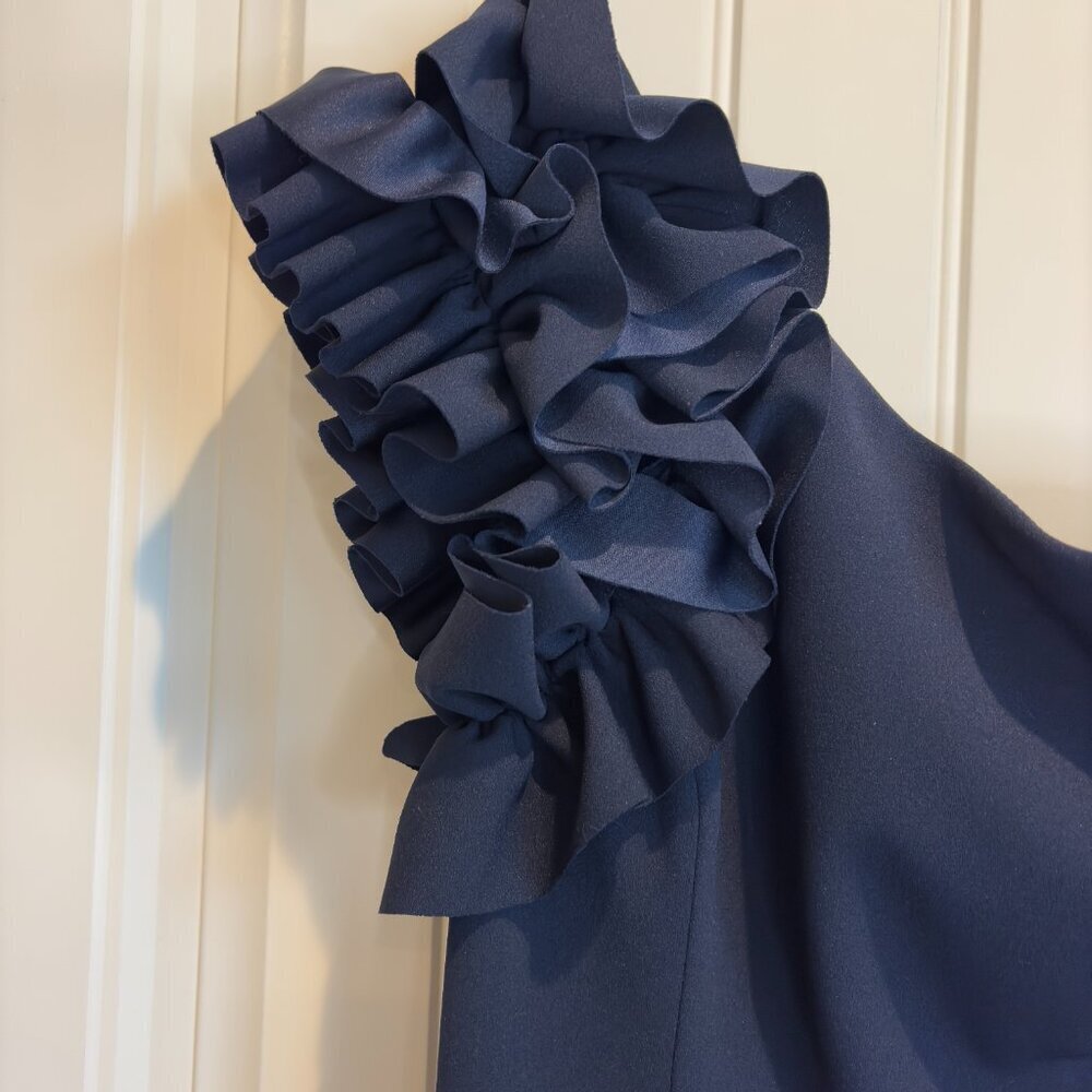 Navy One Shoulder Ruffle Crepe Evening Gown by AQUA | Women's Size 12 - Picture 5 of 8